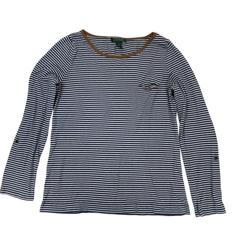 Lauren Ralph Lauren Striped Long Sleeve Top Brown Suede Trim Blue White Large L